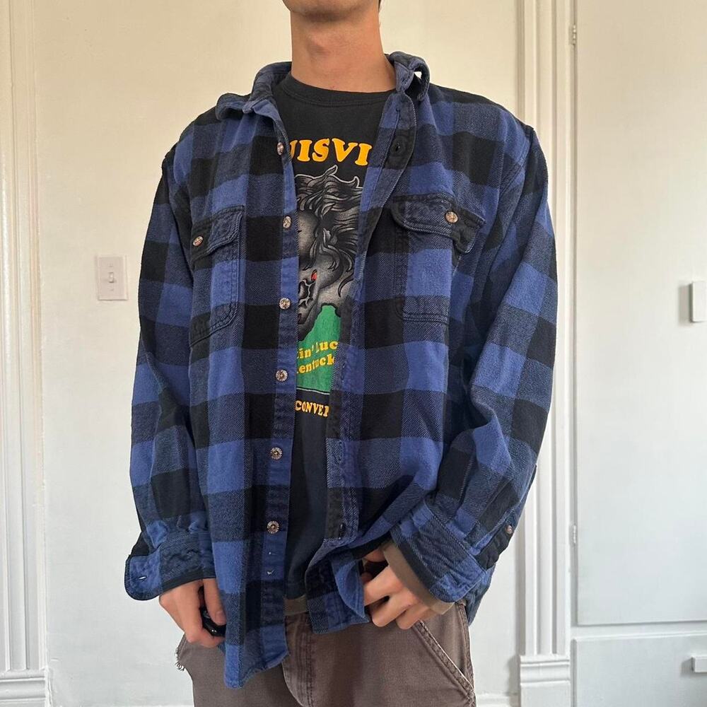 Vintage Faded Heavy Cotton Blue Black Flannel Work Shirt - Picture 4 of 5